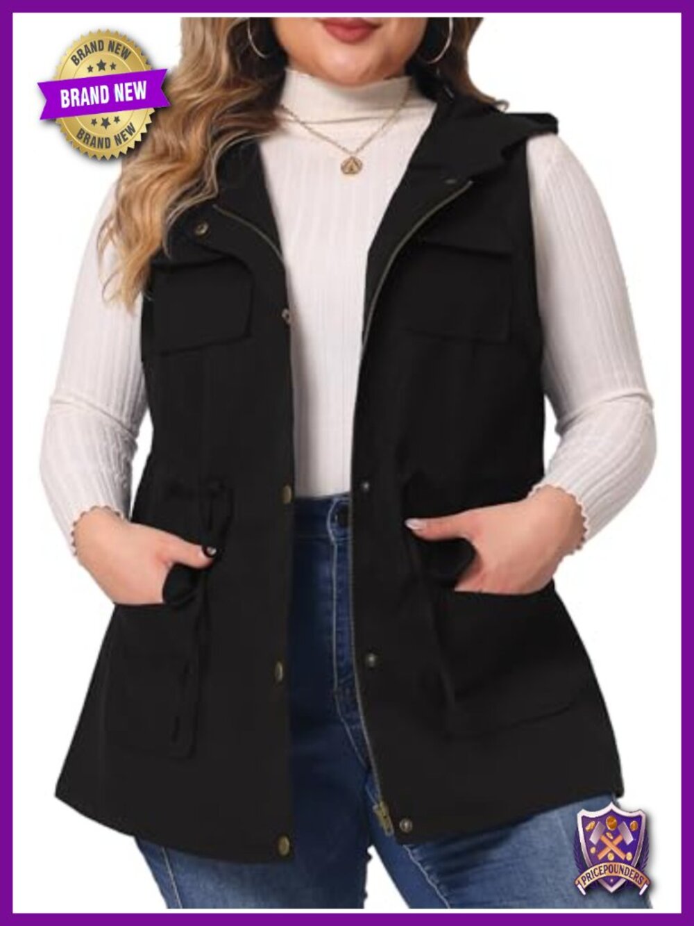 Plus Size Hooded Utility Vest Drawstring Waist Zip Snap Pockets Lightweight